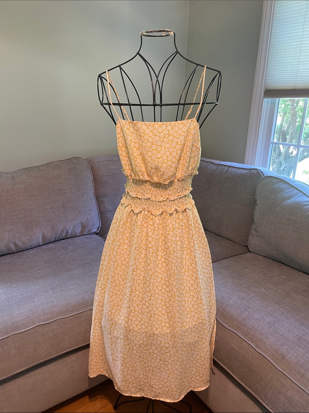 Smocked Waist Yellow Floral Midi Dress